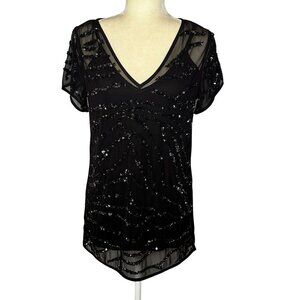 White House Black Market Mesh Sequin Top Small Black Holiday Evening Glam Y2K